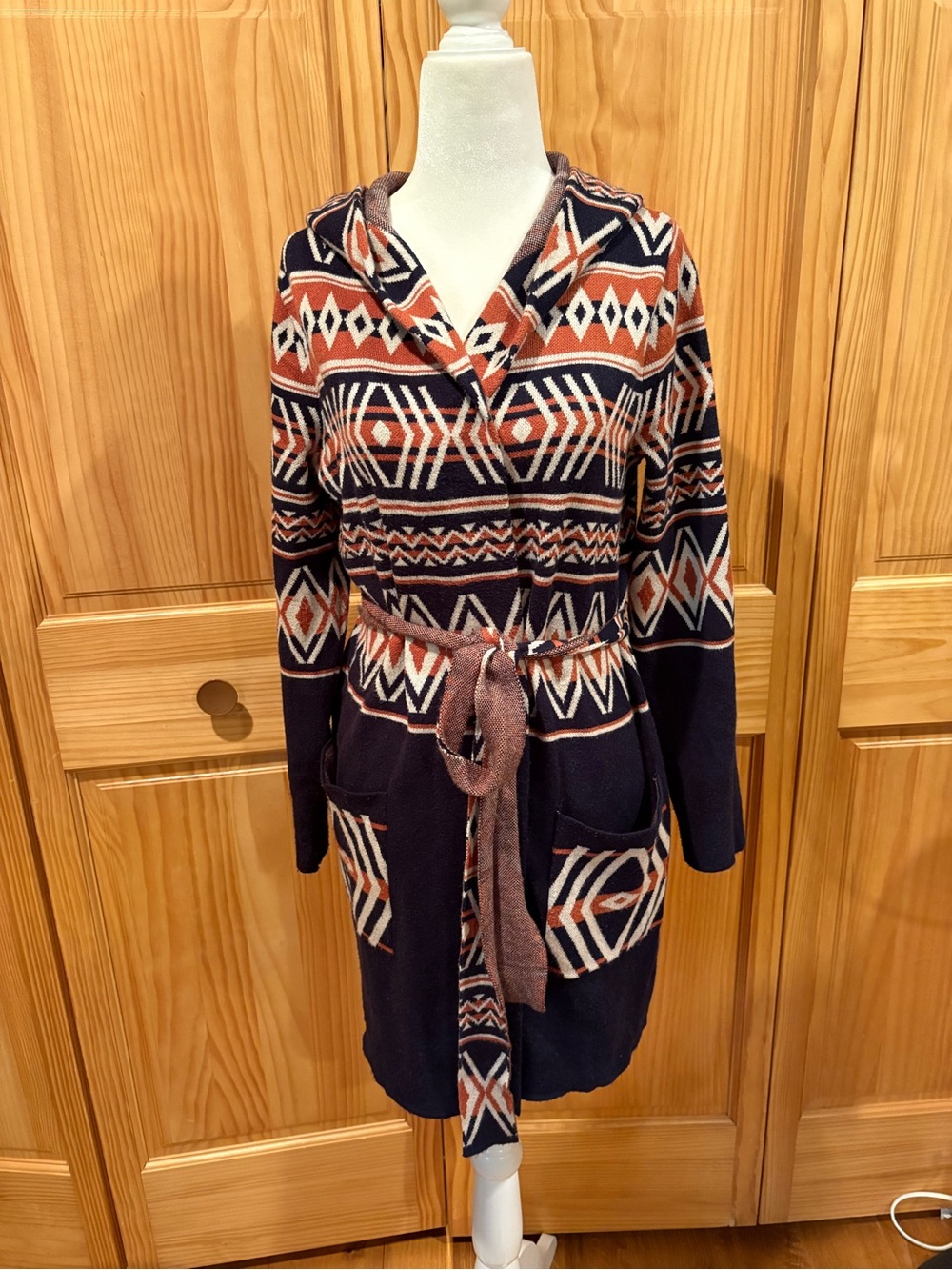 Rachel Zoe Aztec Southwest Print Hooded Cardigan Sweater navy/rust Wmns S